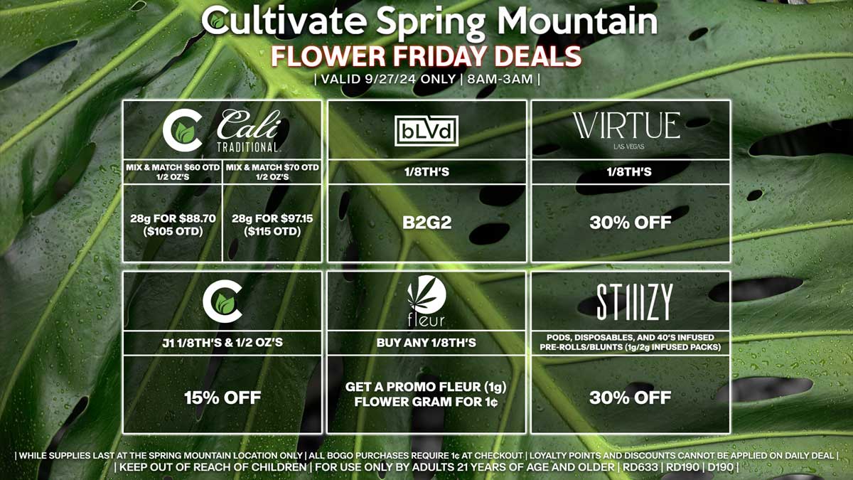 Cultivate Las Vegas Dispensary Daily Deals! Valid FRIDAY 9/27 Only | 8AM-3AM | While Supplies Last!