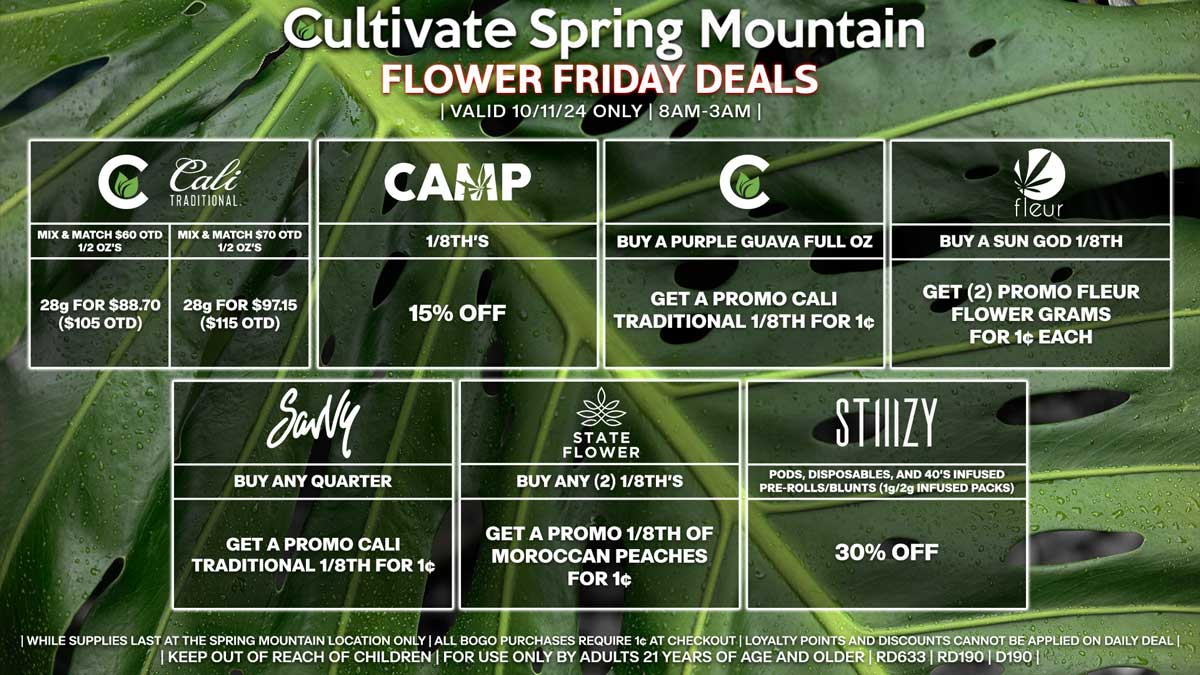 Cultivate Las Vegas Dispensary Daily Deals! Valid FRIDAY 10/11 Only | 8AM-3AM | While Supplies Last!