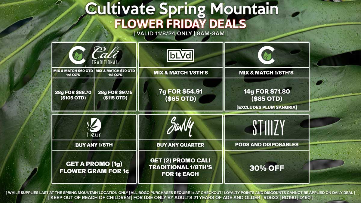 Cultivate Las Vegas Dispensary Daily Deals! Valid FRIDAY 11/8 Only | 8AM-3AM | While Supplies Last!