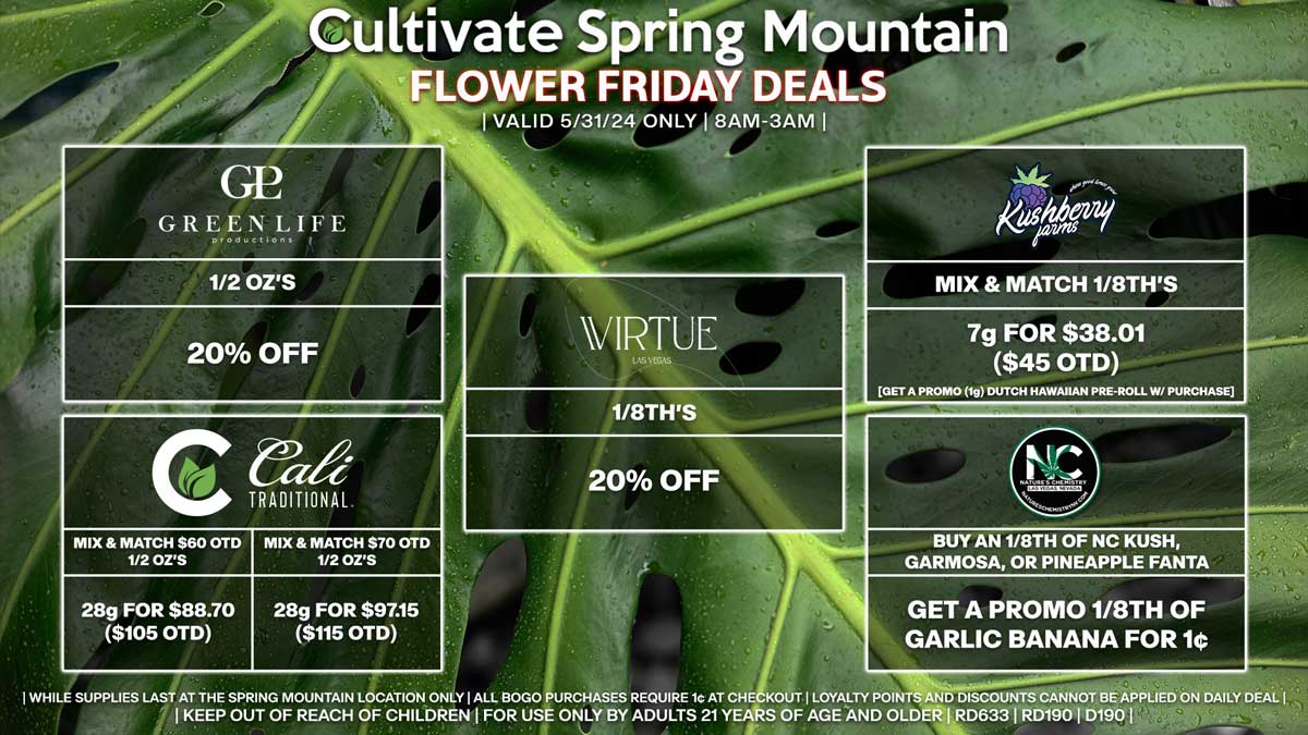 Cultivate Las Vegas Dispensary Daily Deals! Valid FRIDAY 5/31 Only | 8AM-3AM | While Supplies Last!Cultivate Las Vegas Dispensary Daily Deals! Valid FRIDAY 5/31 Only | 8AM-3AM | While Supplies Last!