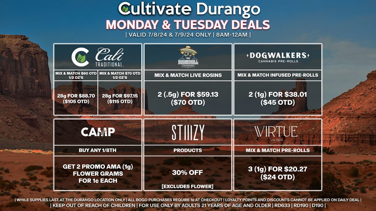 Cultivate Las Vegas Dispensary Daily Deals! Valid MONDAY & TUESDAY 7/8-7/9 Only | 8AM-12AM | While Supplies Last!