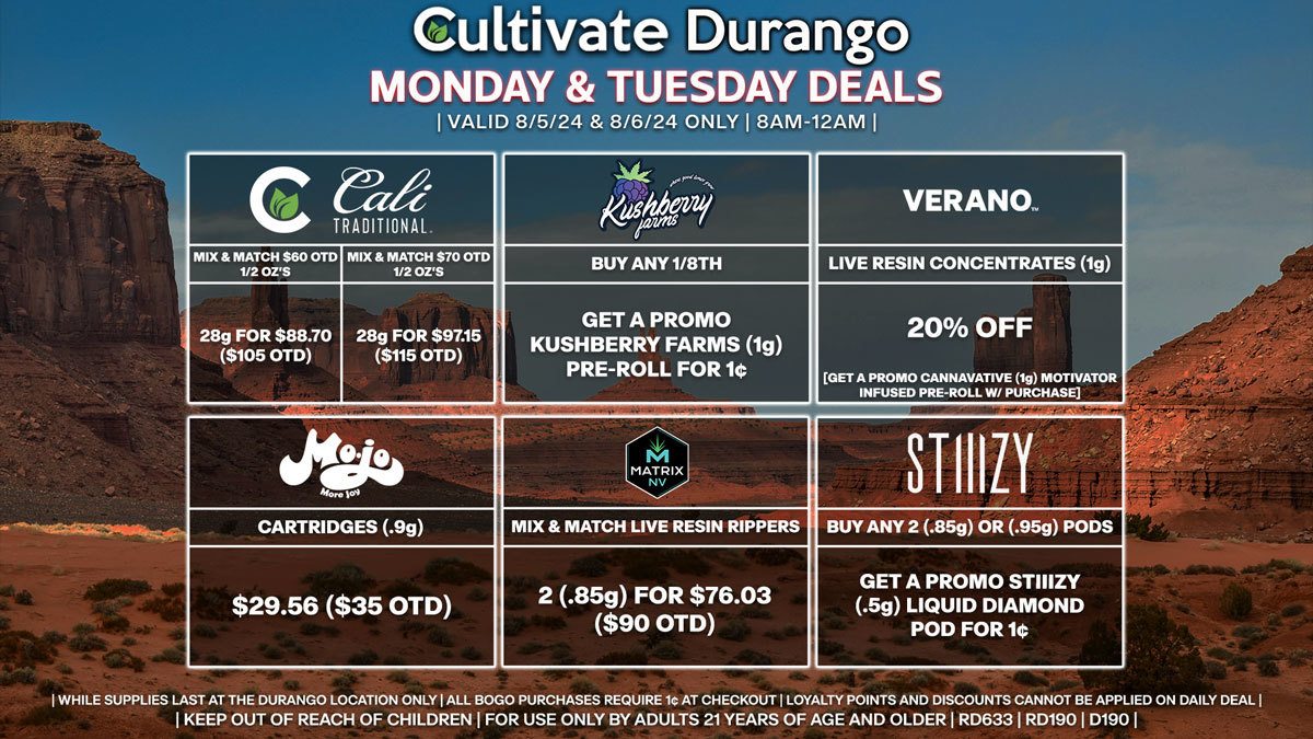 Cultivate Las Vegas Dispensary Daily Deals! Valid MONDAY & TUESDAY 8/5-8/6 Only | 8AM-12AM | While Supplies Last!