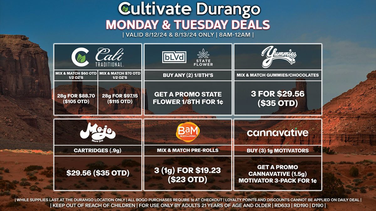 Cultivate Las Vegas Dispensary Daily Deals! Valid MONDAY & TUESDAY 8/12-8/13 Only | 8AM-12AM | While Supplies Last!