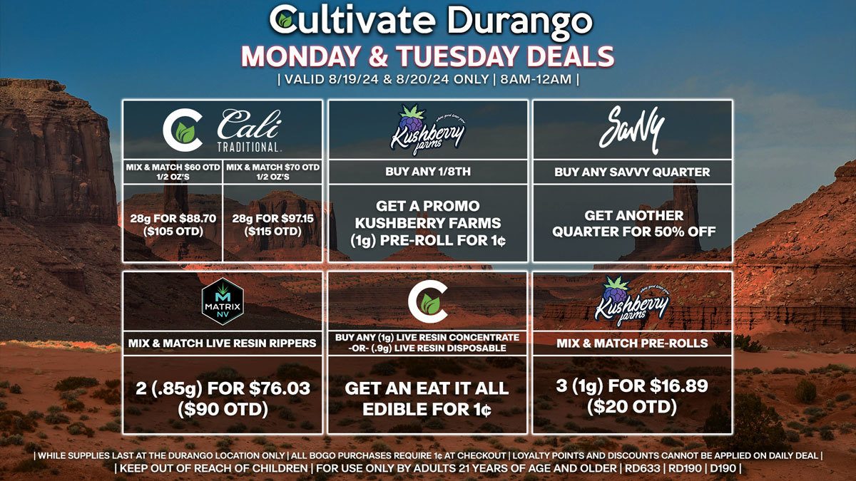 Cultivate Las Vegas Dispensary Daily Deals! Valid MONDAY & TUESDAY 8/19-8/20 Only | 8AM-12AM | While Supplies Last!