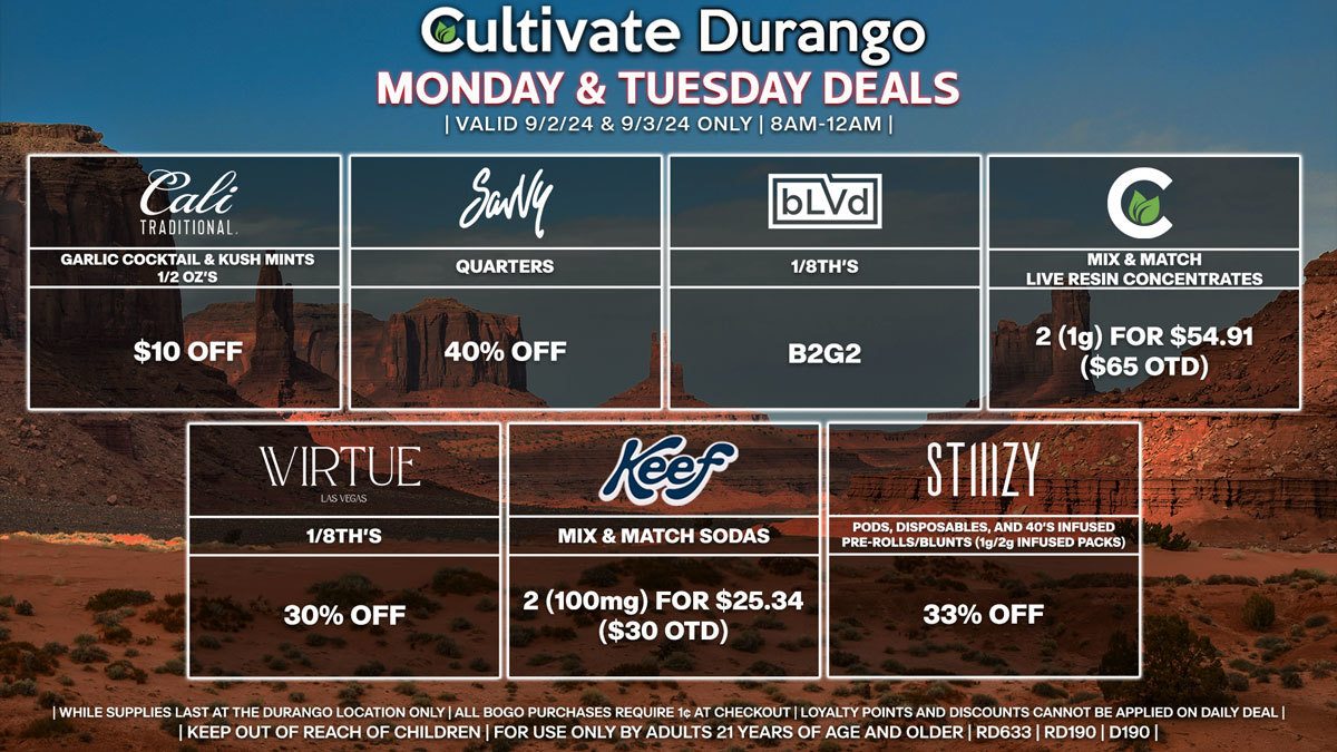 Cultivate Las Vegas Dispensary Daily Deals! Valid MONDAY & TUESDAY 9/2-9/3 Only | 8AM-12AM | While Supplies Last!