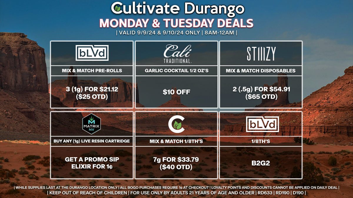 Cultivate Las Vegas Dispensary Daily Deals! Valid MONDAY & TUESDAY 9/9-9/10 Only | 8AM-12AM | While Supplies Last!