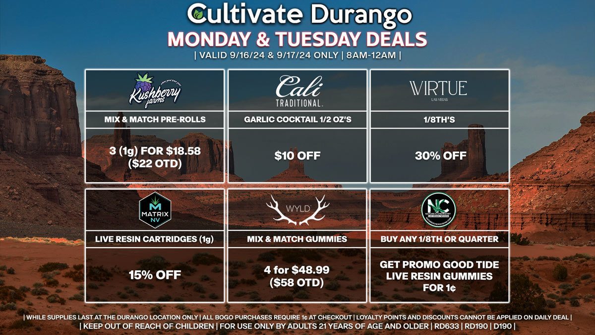 Cultivate Las Vegas Dispensary Daily Deals! Valid MONDAY & TUESDAY 9/16-9/17 Only | 8AM-12AM | While Supplies Last!