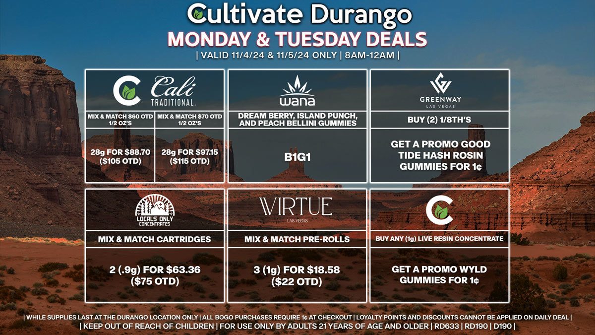 Cultivate Las Vegas Dispensary Daily Deals! Valid MONDAY & TUESDAY 11/4-11/5 Only | 8AM-12AM | While Supplies Last!