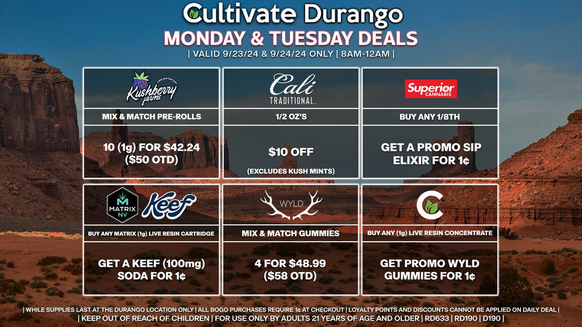 Cultivate Las Vegas Dispensary Daily Deals! Valid MONDAY & TUESDAY 9/23-9/24 Only | 8AM-12AM | While Supplies Last!