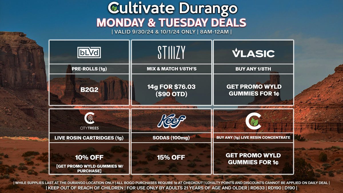 Cultivate Las Vegas Dispensary Daily Deals! Valid MONDAY & TUESDAY 9/30-10/1 Only | 8AM-12AM | While Supplies Last!