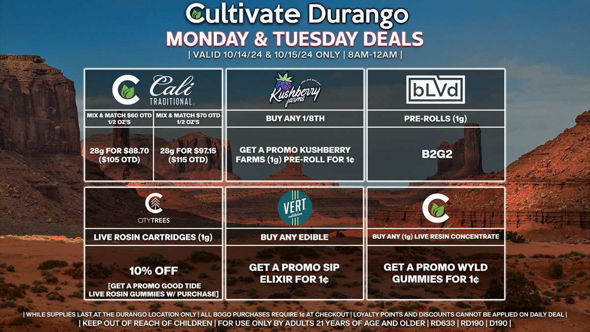 Cultivate Las Vegas Dispensary Daily Deals! Valid MONDAY & TUESDAY 10/14-10/15 Only | 8AM-12AM | While Supplies Last!