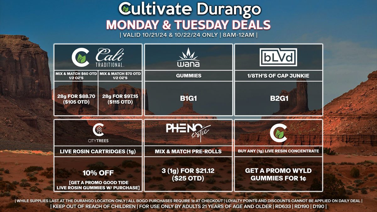 Cultivate Las Vegas Dispensary Daily Deals! Valid MONDAY & TUESDAY 10/21-10/22 Only | 8AM-12AM | While Supplies Last!