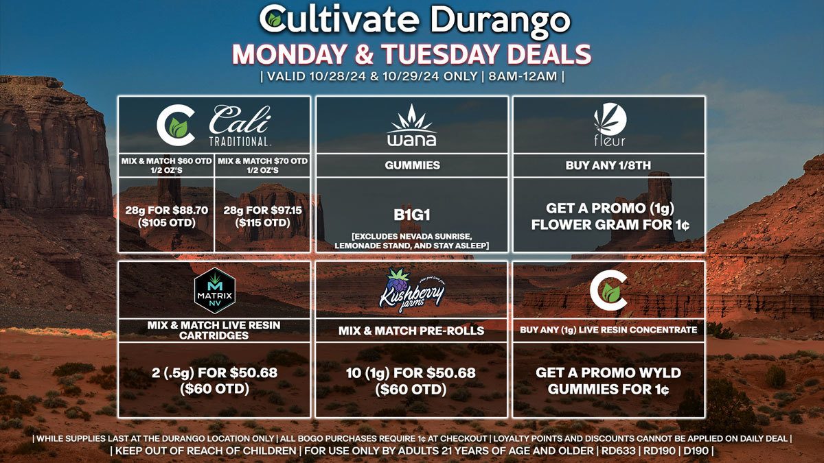 Cultivate Las Vegas Dispensary Daily Deals! Valid MONDAY & TUESDAY 10/28-10/29 Only | 8AM-12AM | While Supplies Last!