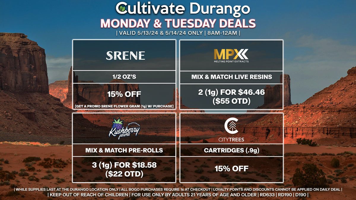 Cultivate Las Vegas Dispensary Daily Deals! Valid MONDAY & TUESDAY 5/13-5/14 Only | 8AM-12AM | While Supplies Last!