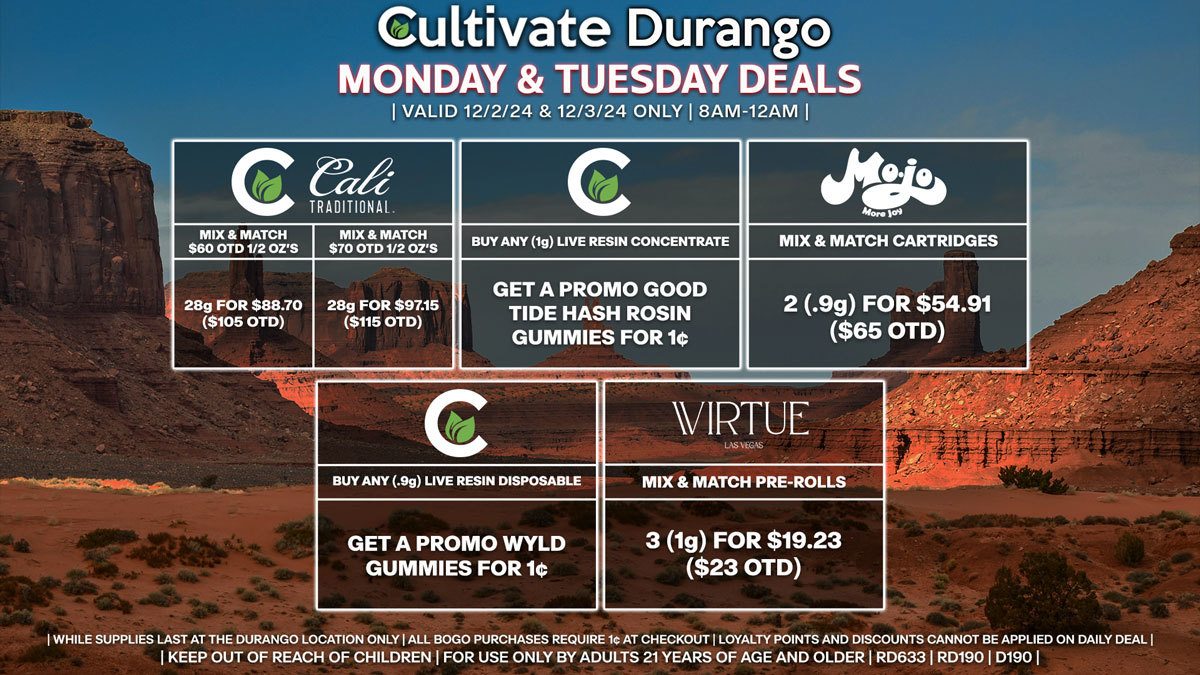 Cultivate Las Vegas Dispensary Daily Deals! Valid MONDAY & TUESDAY 12/2-12/3 Only | 8AM-12AM | While Supplies Last!