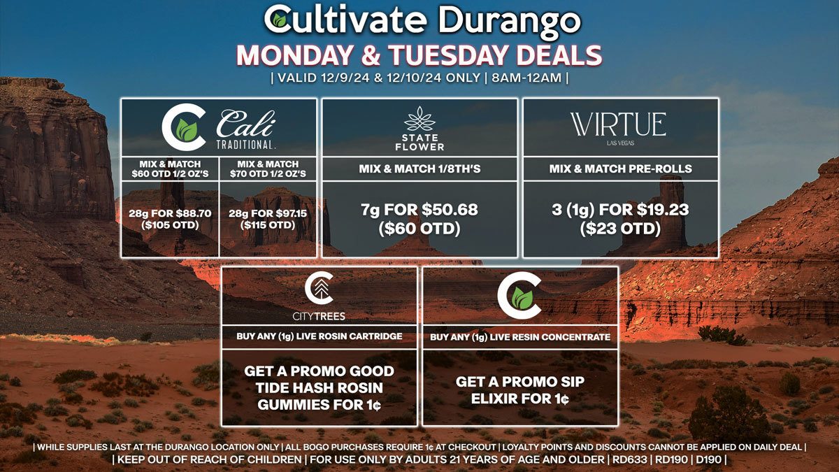 Cultivate Las Vegas Dispensary Daily Deals! Valid MONDAY & TUESDAY 12/9-12/10 Only | 8AM-12AM | While Supplies Last!