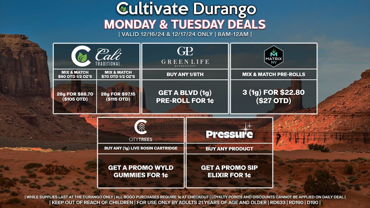 Cultivate Las Vegas Dispensary Daily Deals! Valid MONDAY & TUESDAY 12/16-12/17 Only | 8AM-12AM | While Supplies Last!