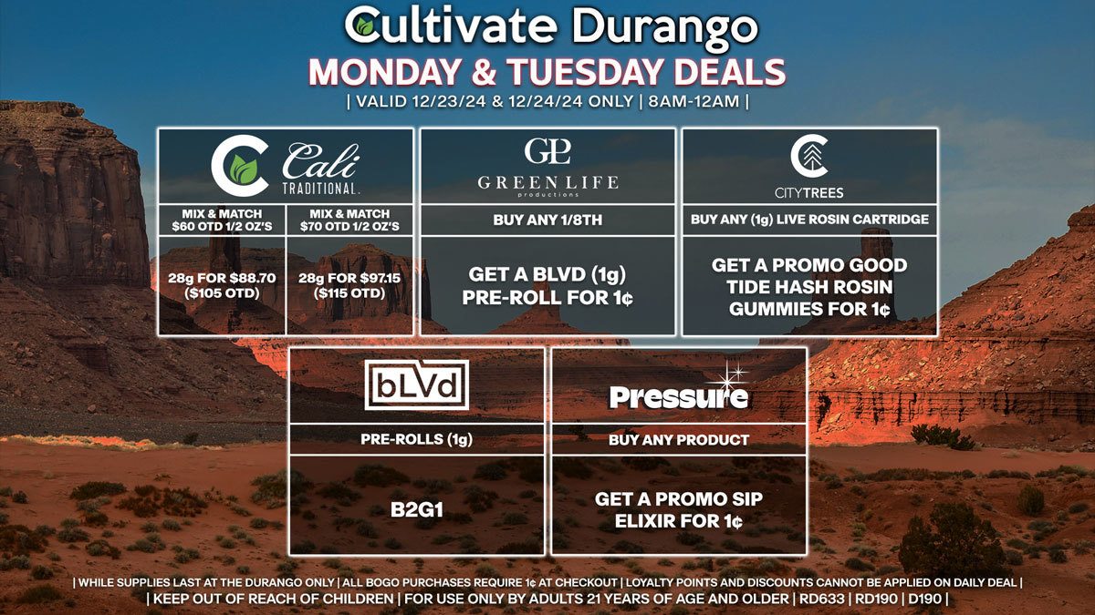 Cultivate Las Vegas Dispensary Daily Deals! Valid MONDAY & TUESDAY 12/23-12/24 Only | 8AM-12AM | While Supplies Last!