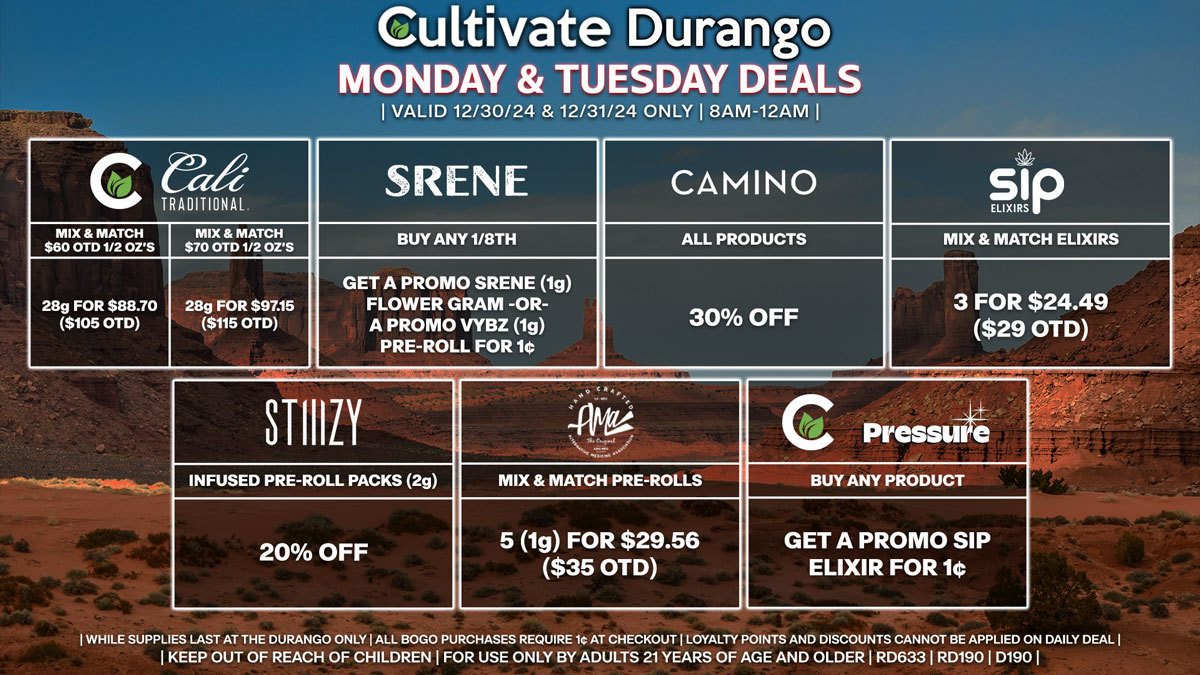 Cultivate Las Vegas Dispensary Daily Deals! Valid MONDAY & TUESDAY 12/30-12/31 Only | 8AM-12AM | While Supplies Last!