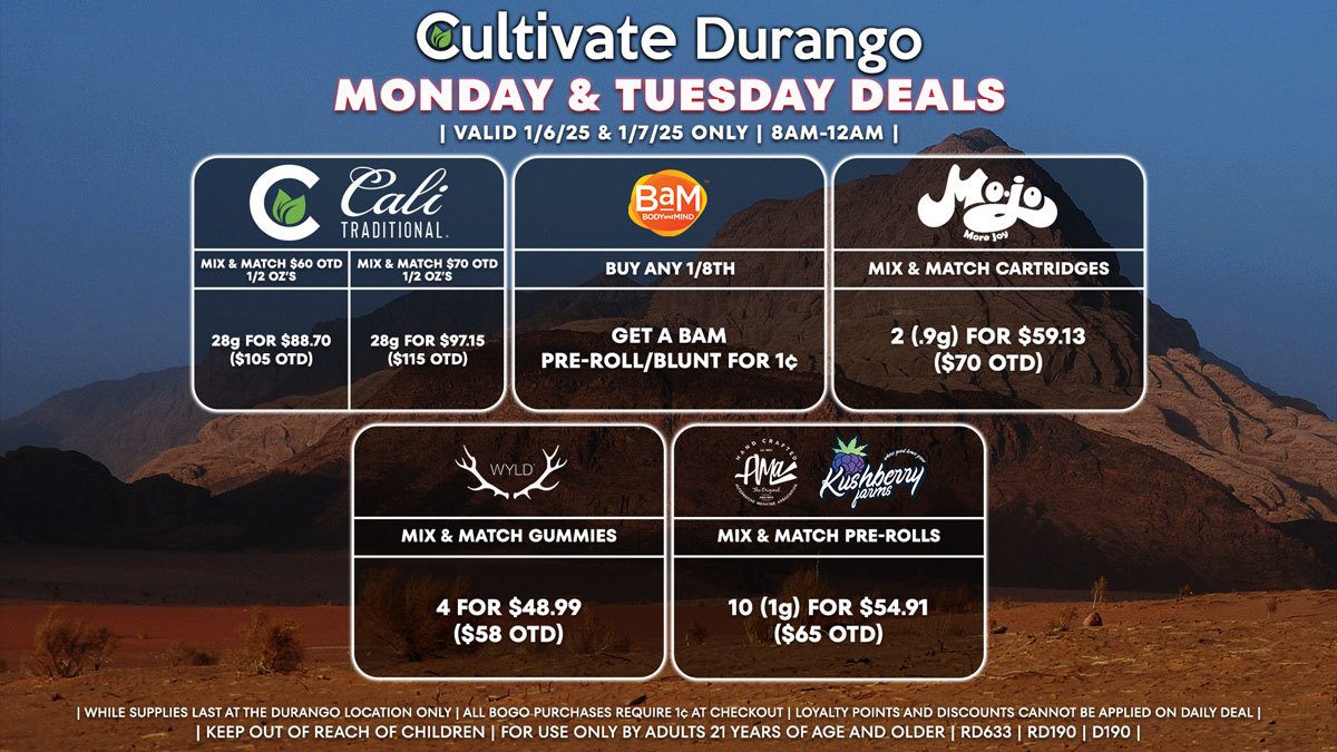 Cultivate Las Vegas Dispensary Daily Deals! Valid MONDAY & TUESDAY 1/6-1/7 Only | 8AM-12AM | While Supplies Last!