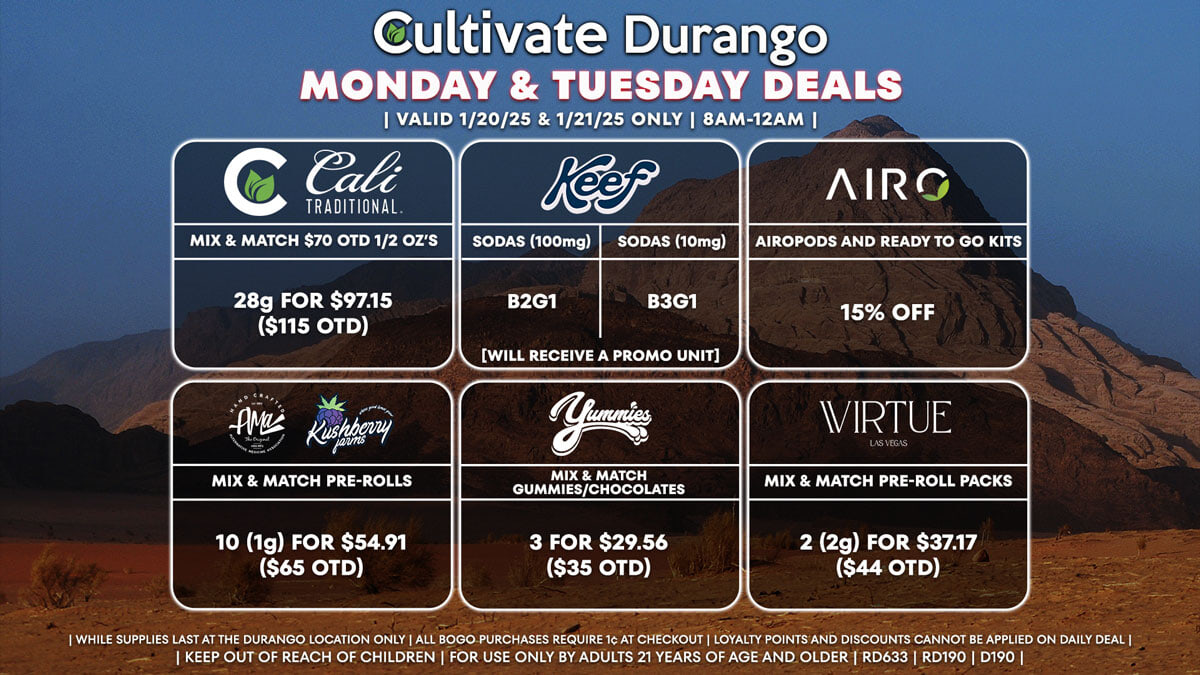 Cultivate Las Vegas Dispensary Daily Deals! Valid MONDAY & TUESDAY 1/20-1/21 Only | 8AM-12AM | While Supplies Last!