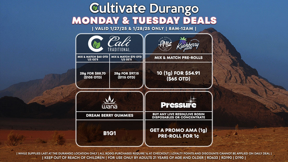 Cultivate Las Vegas Dispensary Daily Deals! Valid MONDAY & TUESDAY 1/27-1/28 Only | 8AM-12AM | While Supplies Last!