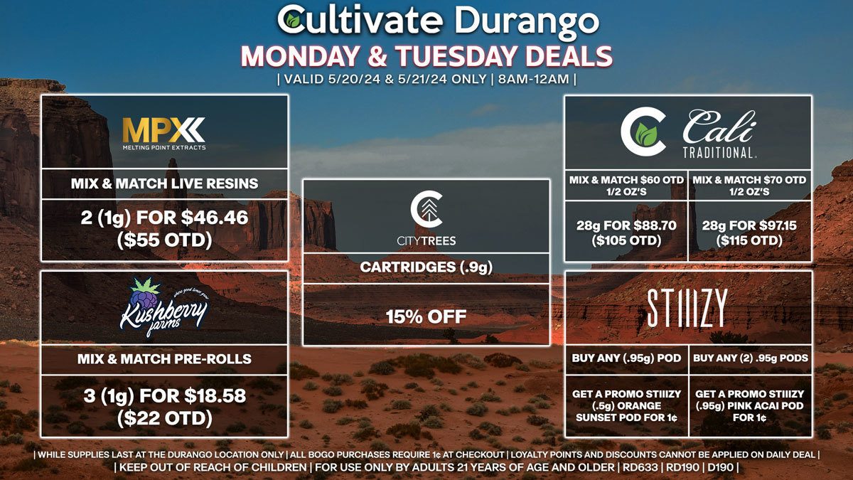 Cultivate Las Vegas Dispensary Daily Deals! Valid MONDAY & TUESDAY 5/20-5/21 Only | 8AM-12AM | While Supplies Last!