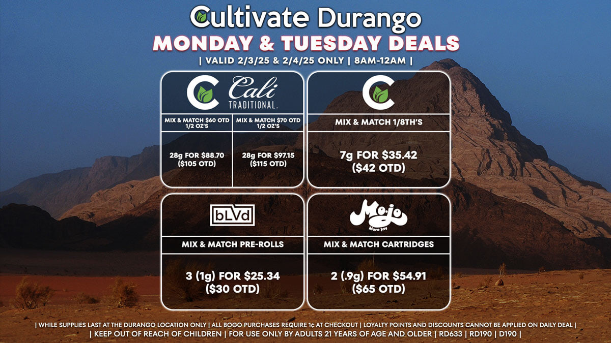 Cultivate Las Vegas Dispensary Daily Deals! Valid MONDAY & TUESDAY 2/3-2/4 Only | 8AM-12AM | While Supplies Last!