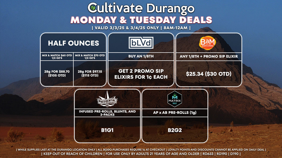 Cultivate Las Vegas Dispensary Daily Deals! Valid MONDAY & TUESDAY 3/3-3/4 Only | 8AM-12AM | While Supplies Last!