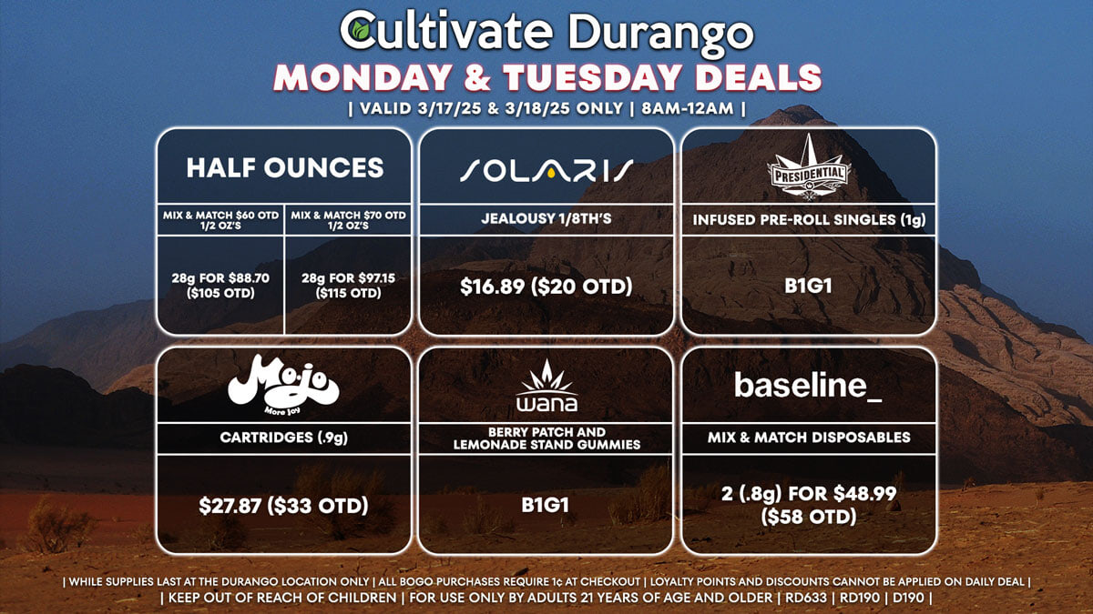 Cultivate Las Vegas Dispensary Daily Deals! Valid MONDAY & TUESDAY 3/17-3/18 Only | 8AM-12AM | While Supplies Last!