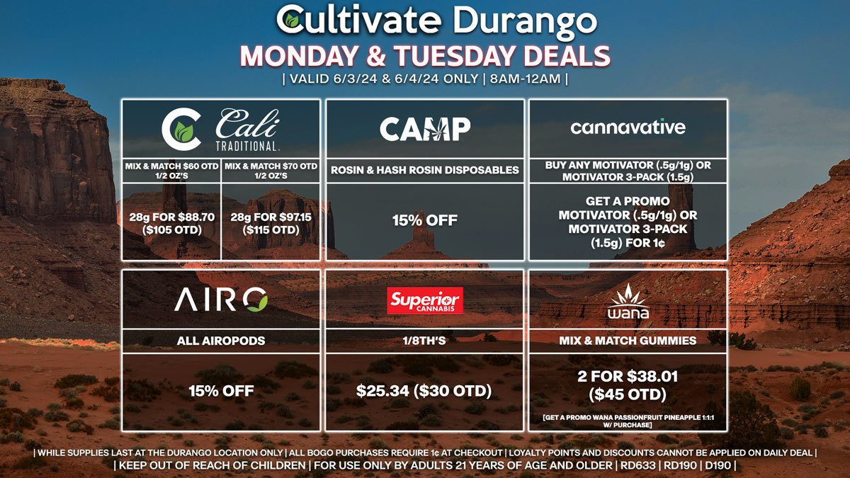 Cultivate Las Vegas Dispensary Daily Deals! Valid MONDAY & TUESDAY 6/3-6/4 Only | 8AM-12AM | While Supplies Last!