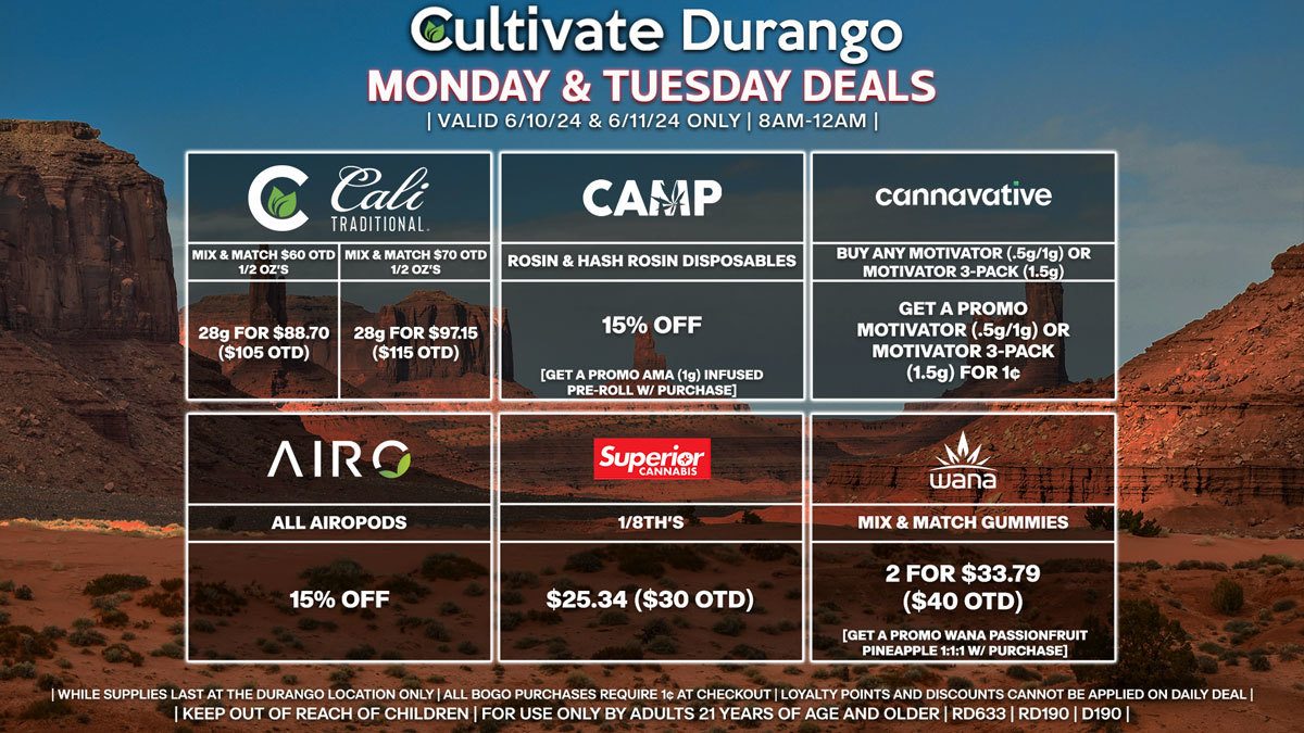 Cultivate Las Vegas Dispensary Daily Deals! Valid MONDAY & TUESDAY 6/10-6/11 Only | 8AM-12AM | While Supplies Last!