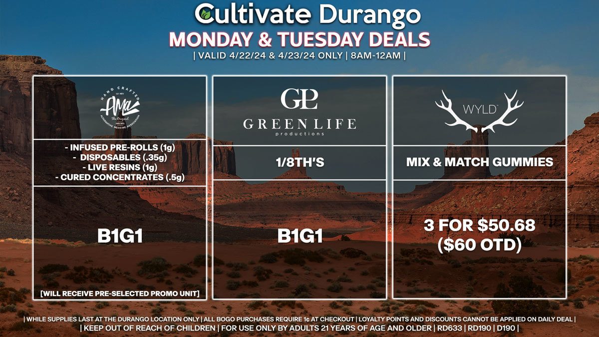 Cultivate Las Vegas Dispensary Daily Deals! Valid MONDAY & TUESDAY 4/22-4/23 Only | 8AM-12AM | While Supplies Last!