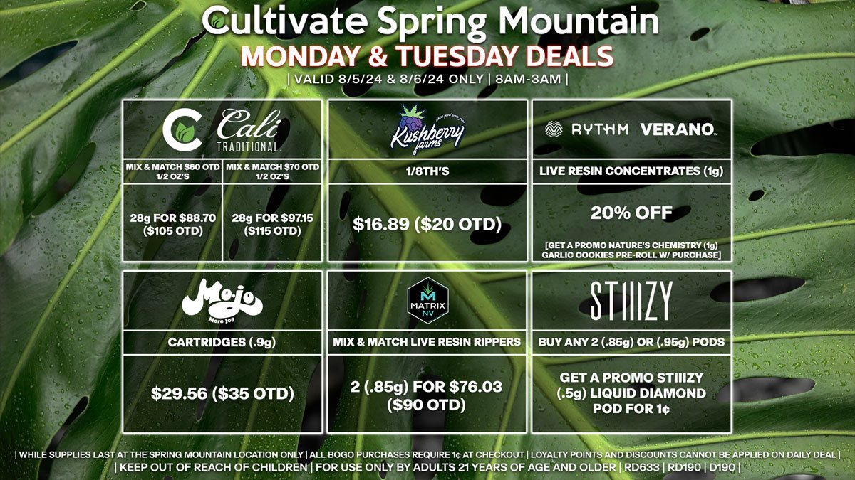 Cultivate Las Vegas Dispensary Daily Deals! Valid MONDAY & TUESDAY 8/5-8/6 Only | 8AM-3AM | While Supplies Last!