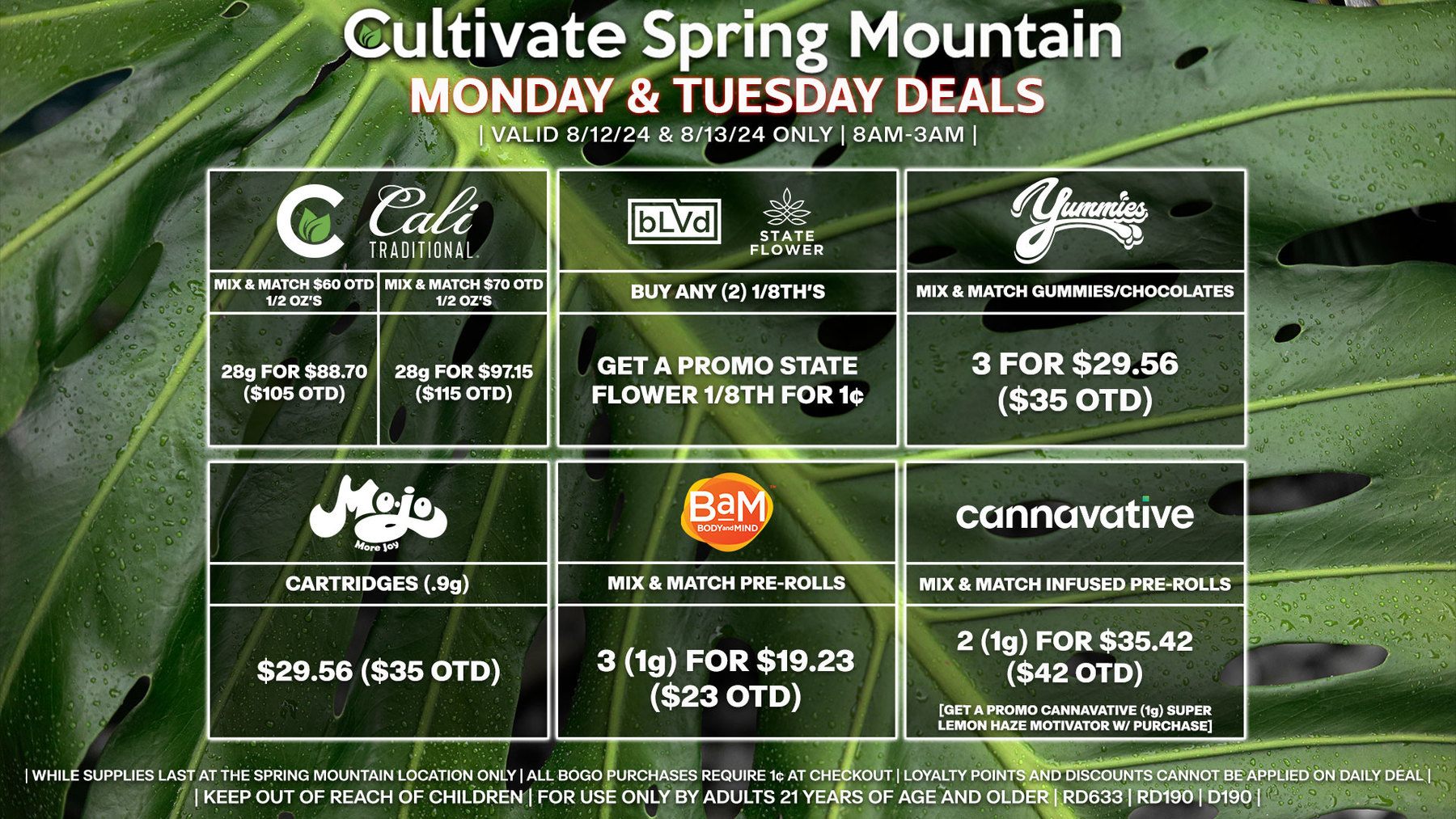 Cultivate Las Vegas Dispensary Daily Deals! Valid MONDAY & TUESDAY 8/12-8/13 Only | 8AM-3AM | While Supplies Last!