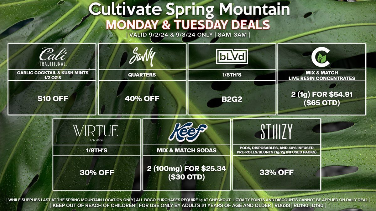 Cultivate Las Vegas Dispensary Daily Deals! Valid MONDAY & TUESDAY 9/2-9/3 Only | 8AM-3AM | While Supplies Last!