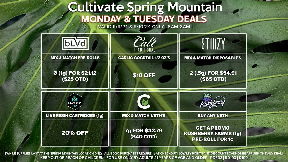 Cultivate Las Vegas Dispensary Daily Deals! Valid MONDAY & TUESDAY 9/9-9/10 Only | 8AM-3AM | While Supplies Last!