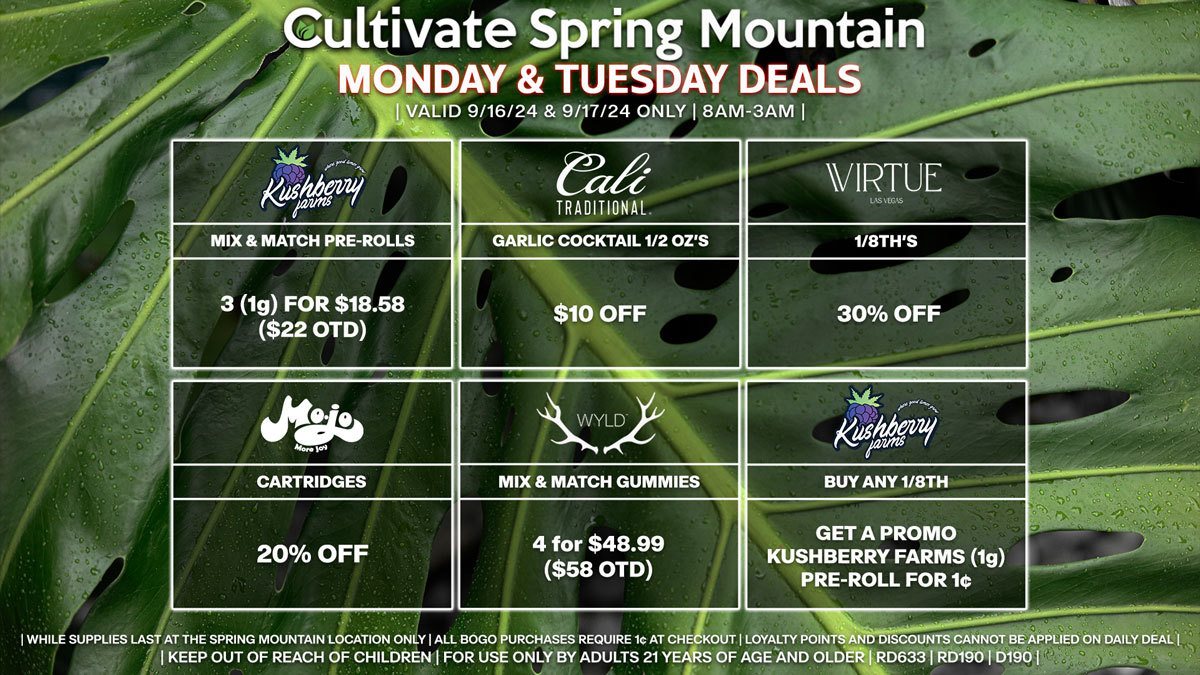 Cultivate Las Vegas Dispensary Daily Deals! Valid MONDAY & TUESDAY 9/16-9/17 Only | 8AM-3AM | While Supplies Last!