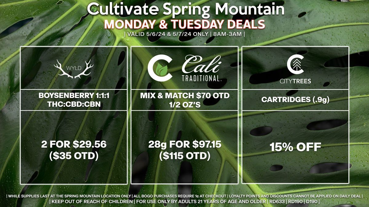 Cultivate Las Vegas Dispensary Daily Deals! Valid MONDAY & TUESDAY 5/6-5/7 Only | 8AM-3AM | While Supplies Last!