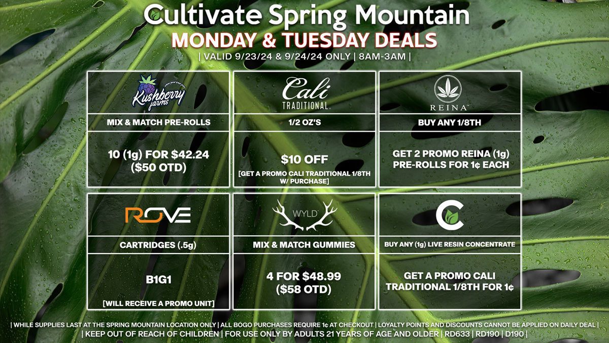 Cultivate Las Vegas Dispensary Daily Deals! Valid MONDAY & TUESDAY 9/23-9/24 Only | 8AM-3AM | While Supplies Last!