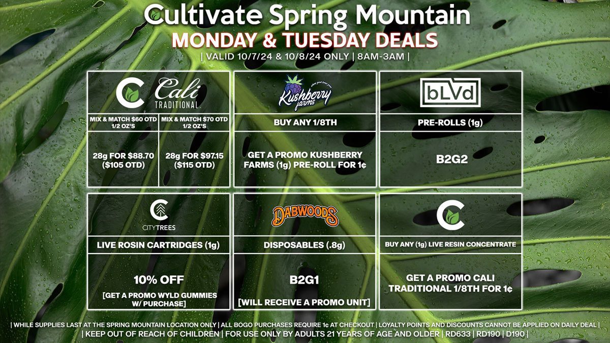 Cultivate Las Vegas Dispensary Daily Deals! Valid MONDAY & TUESDAY 10/7-10/8 Only | 8AM-3AM | While Supplies Last!