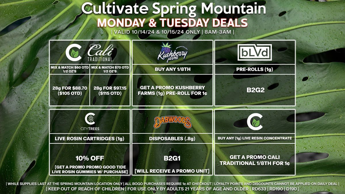 Cultivate Las Vegas Dispensary Daily Deals! Valid MONDAY & TUESDAY 10/14-10/15 Only | 8AM-3AM | While Supplies Last!