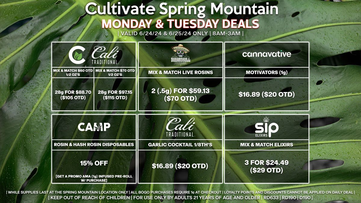 Cultivate Las Vegas Dispensary Daily Deals! Valid MONDAY & TUESDAY 6/24-6/25 Only | 8AM-3AM | While Supplies Last!