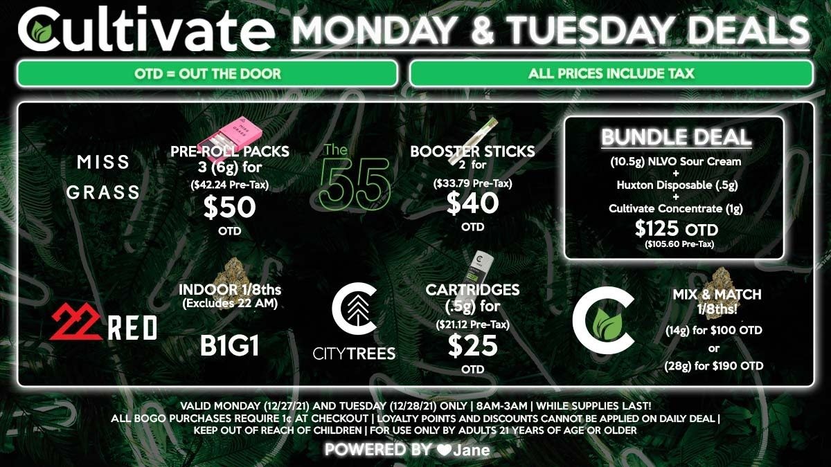 Cultivate Las Vegas Dispensary Daily Deals! Valid MONDAY & TUESDAY 12/27-12/28 Only | 8AM-3AM | While Supplies Last!