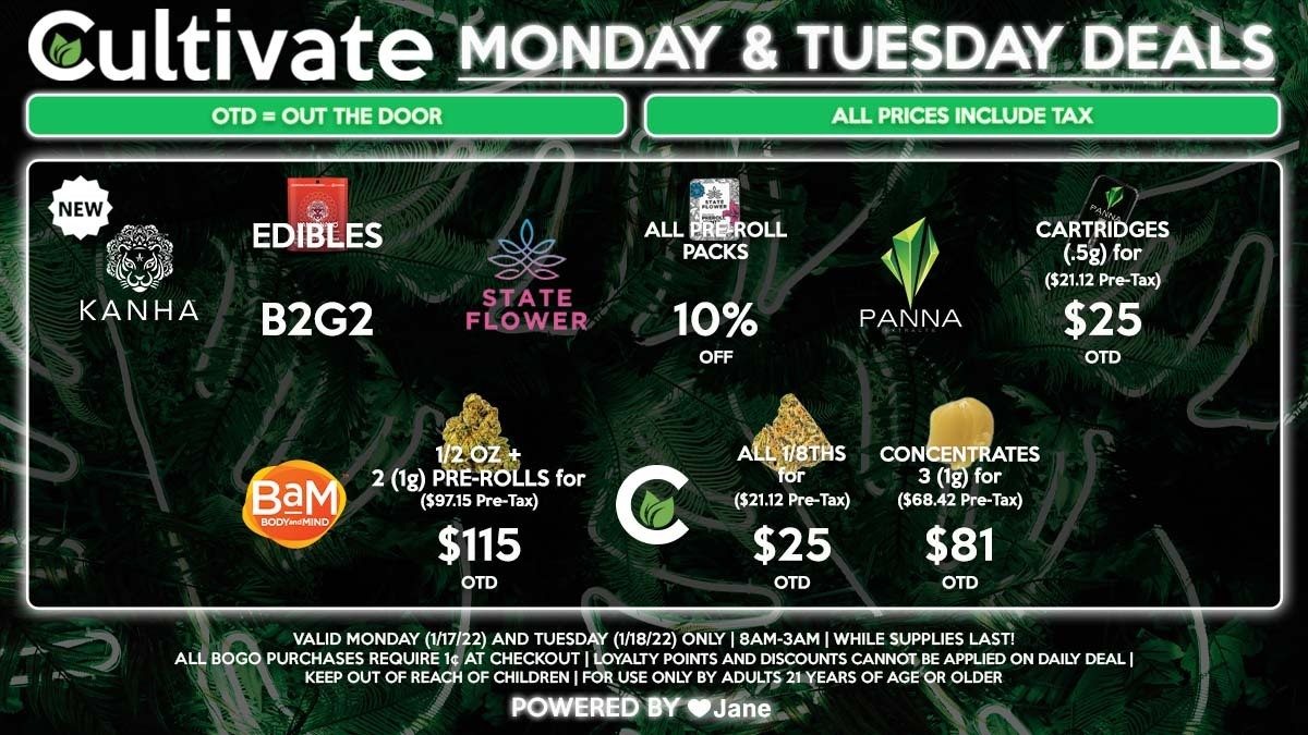 Cultivate Las Vegas Dispensary Daily Deals! Valid MONDAY & TUESDAY 1/17-1/18 Only | 8AM-3AM | While Supplies Last!