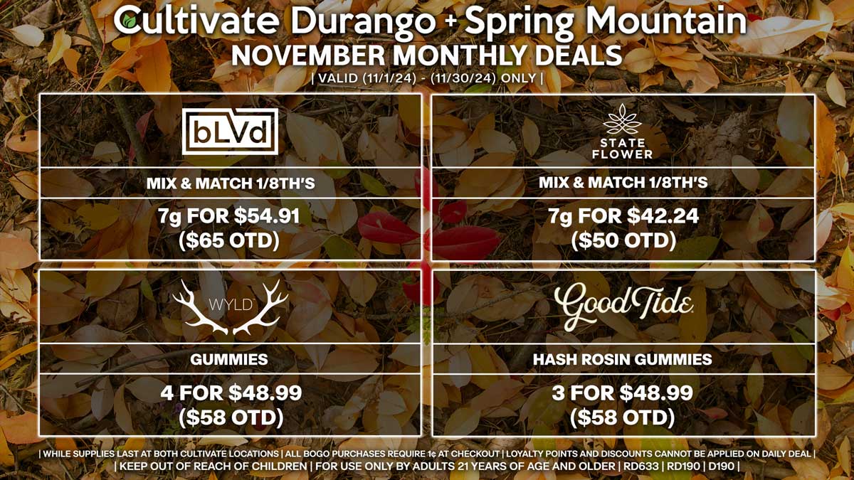 Cultivate Las Vegas Dispensary Daily Deals! Valid Month of November 11/1-11/30 Only | While Supplies Last!