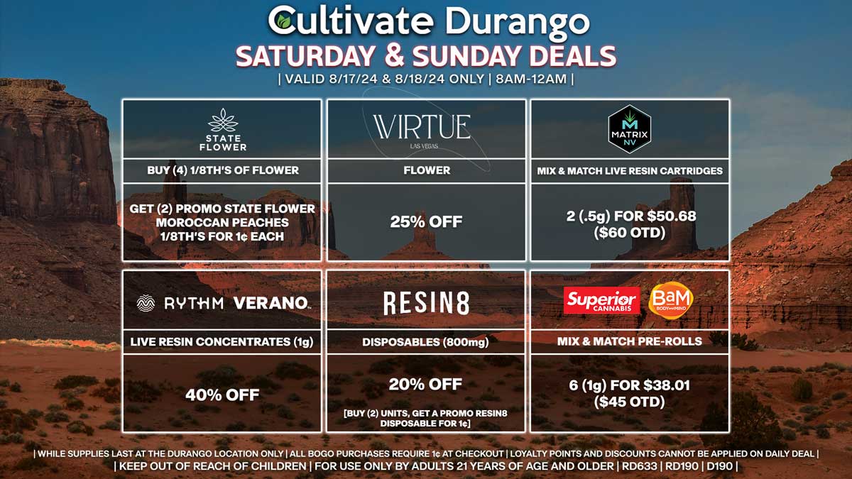 Cultivate Las Vegas Dispensary Daily Deals! Valid SATURDAY & SUNDAY 8/17-8/18 Only | 8AM-12AM | While Supplies Last!