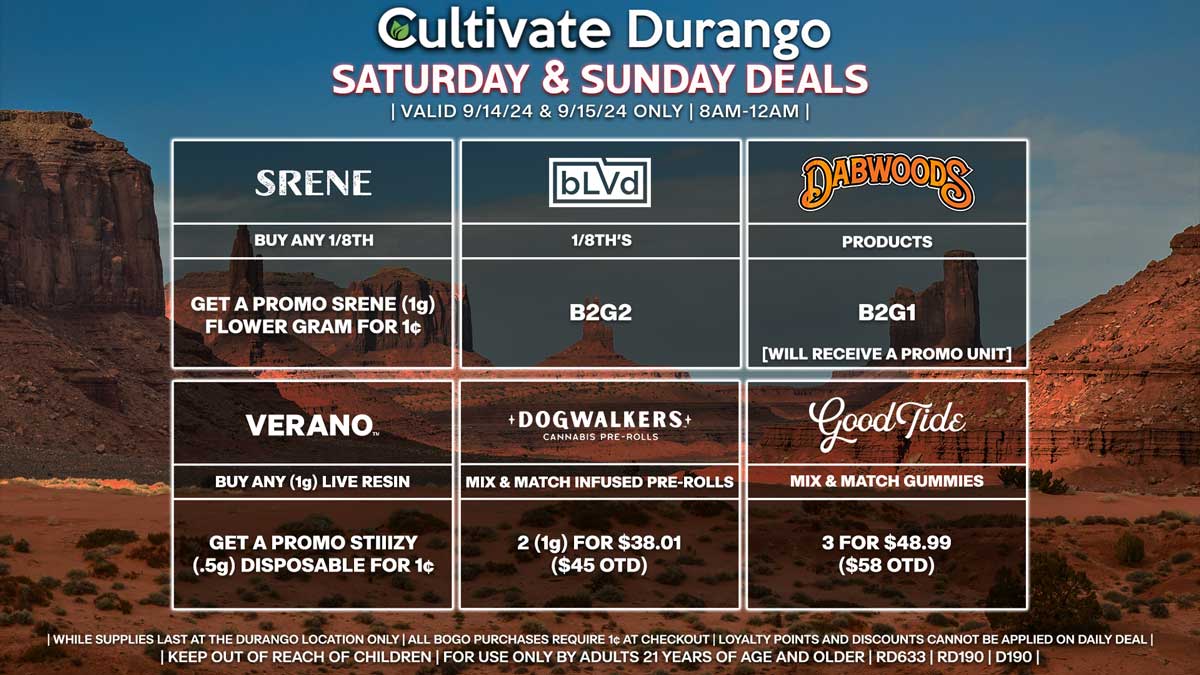 Cultivate Las Vegas Dispensary Daily Deals! Valid SATURDAY & SUNDAY 9/14-9/15 Only | 8AM-12AM | While Supplies Last!