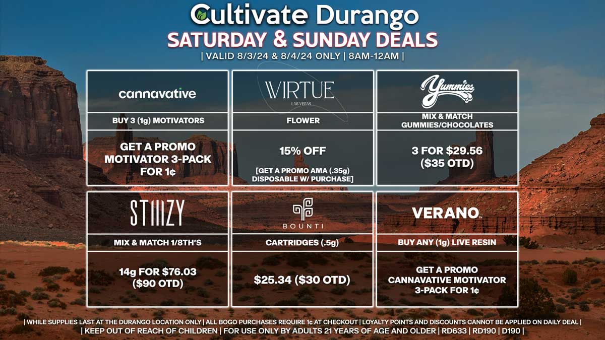 Cultivate Las Vegas Dispensary Daily Deals! Valid SATURDAY & SUNDAY 8/3-8/4 Only | 8AM-12AM | While Supplies Last!