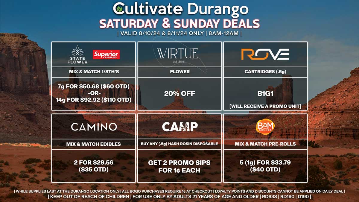 Cultivate Las Vegas Dispensary Daily Deals! Valid SATURDAY & SUNDAY 8/10-8/11 Only | 8AM-12AM | While Supplies Last!